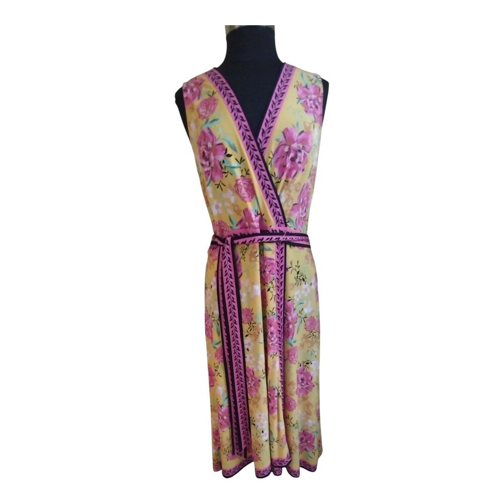 London Times Faux Wrap Knit Day Dress Size 14W Yellow Pink Floral Sleeveless